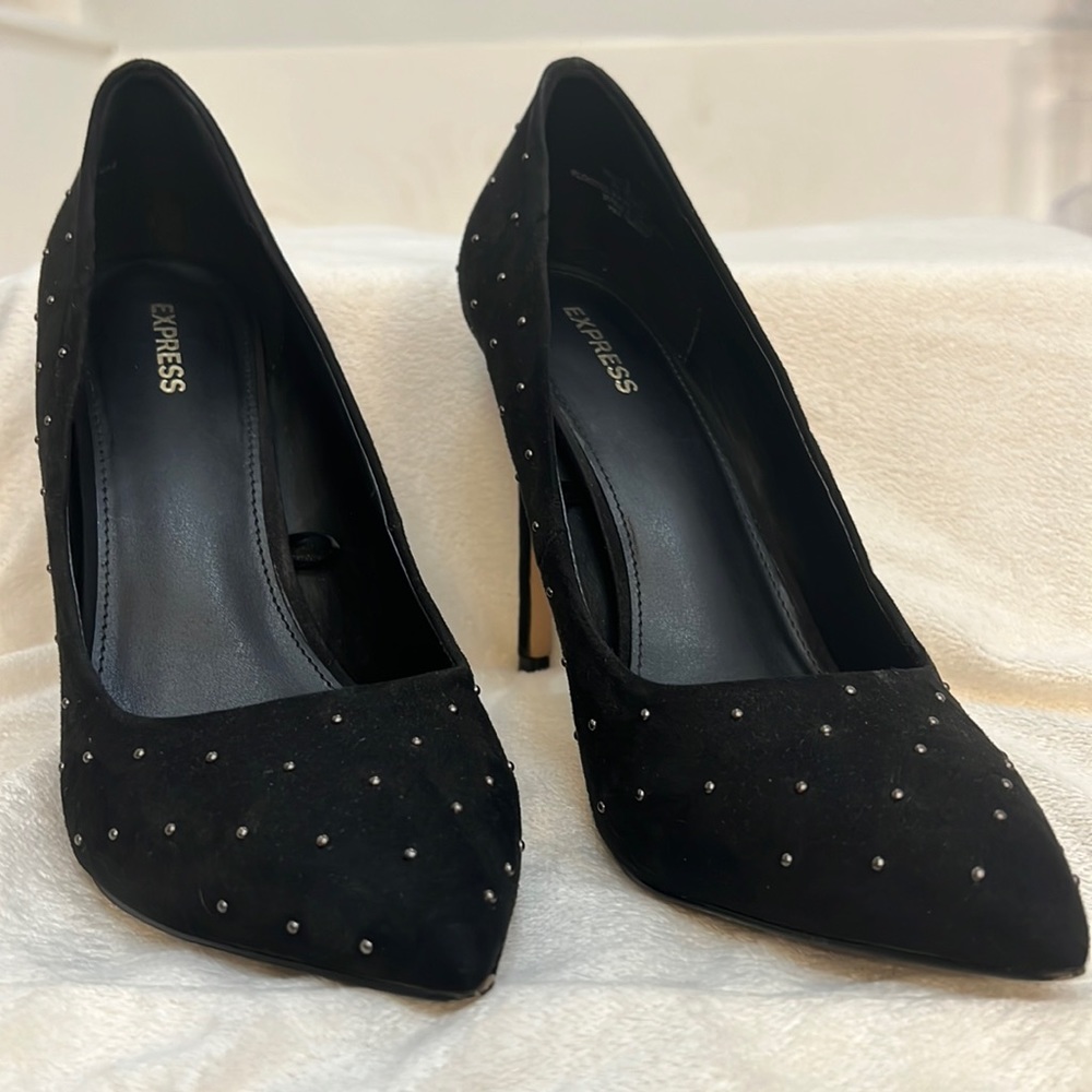 Express Black Faux Suede beaded pointy toe pump